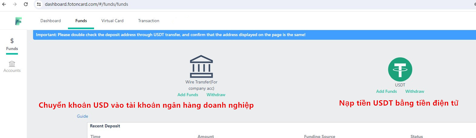 Nạp tiền vào FotonCard qua USDT hoặc chuyển khoản doanh nghiệp
