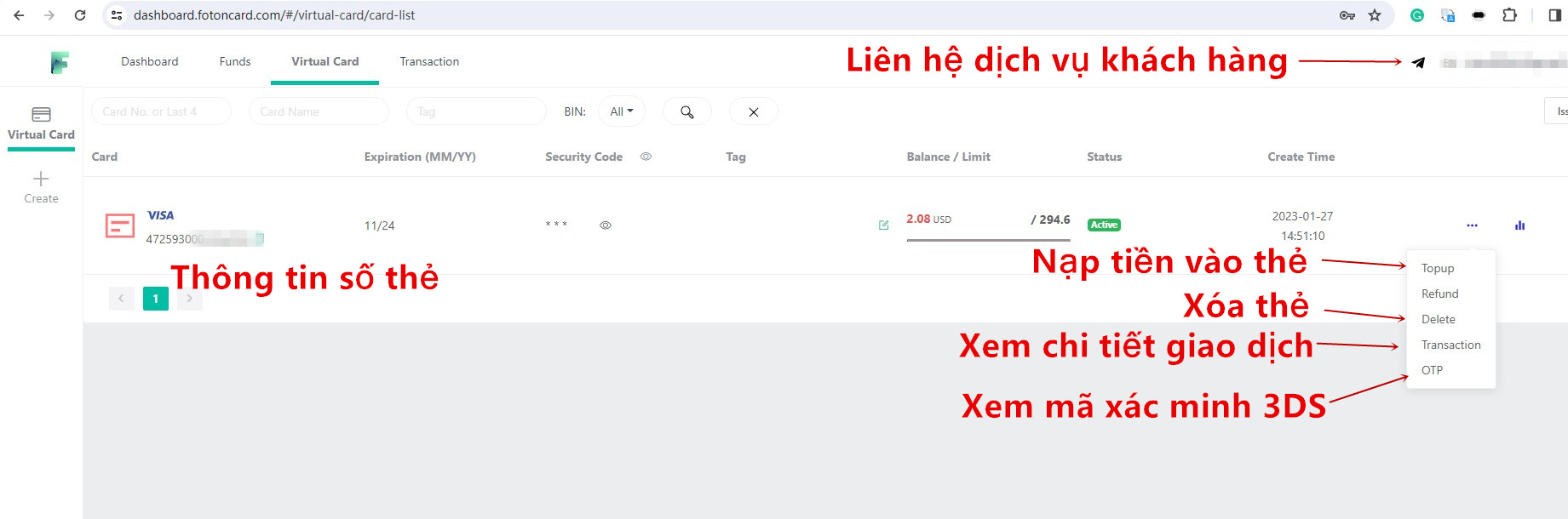 Xem thông tin chi tiết thẻ ảo