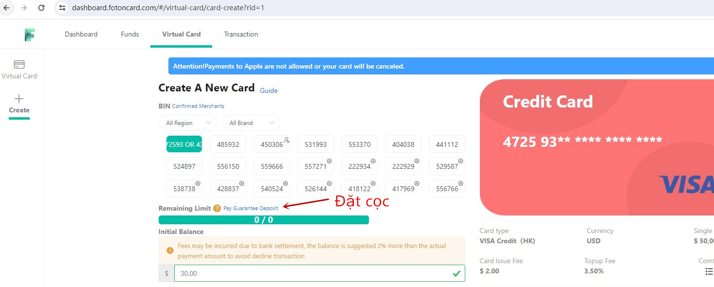 Thanh toán 100 USD tiền cọc để mở thẻ