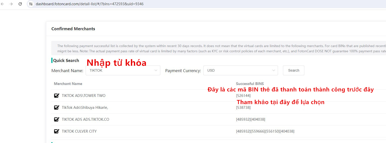 Kết quả tra cứu dải BIN phù hợp cho TikTok