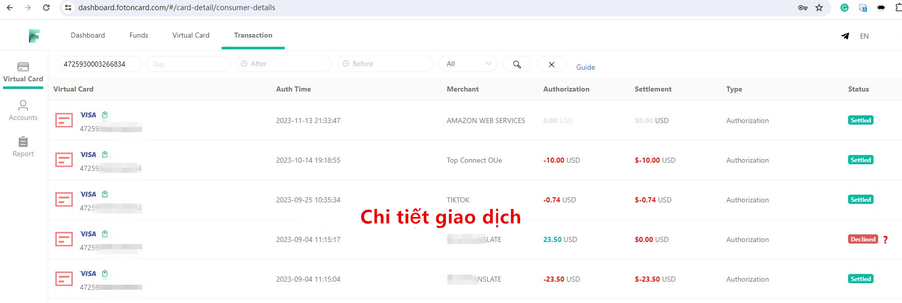 Xem lịch sử giao dịch chi tiết